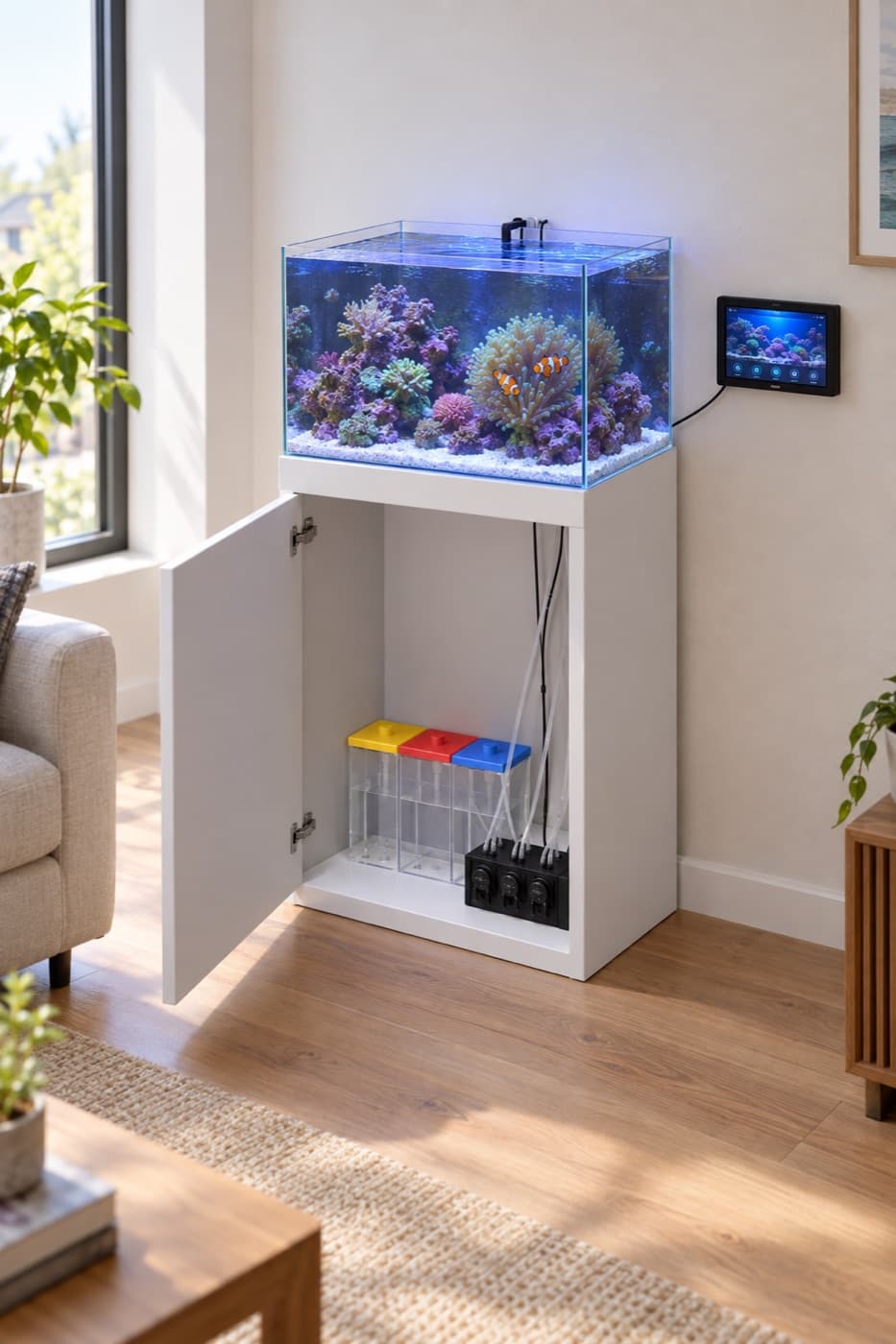 Render of the doser installed under a 20 gallon reef tank